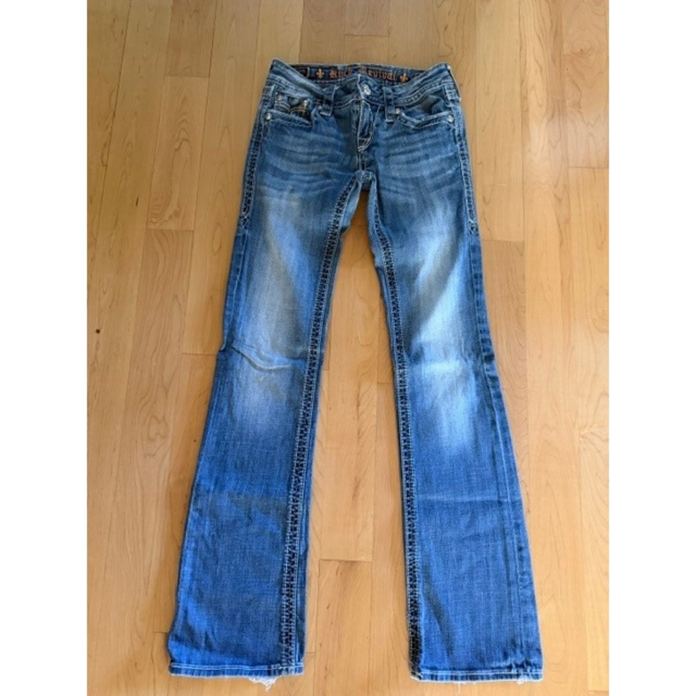 Rock Revival Lois Bootcut Jeans Blue Denim Medium Wash Size 26 Distressed Hem